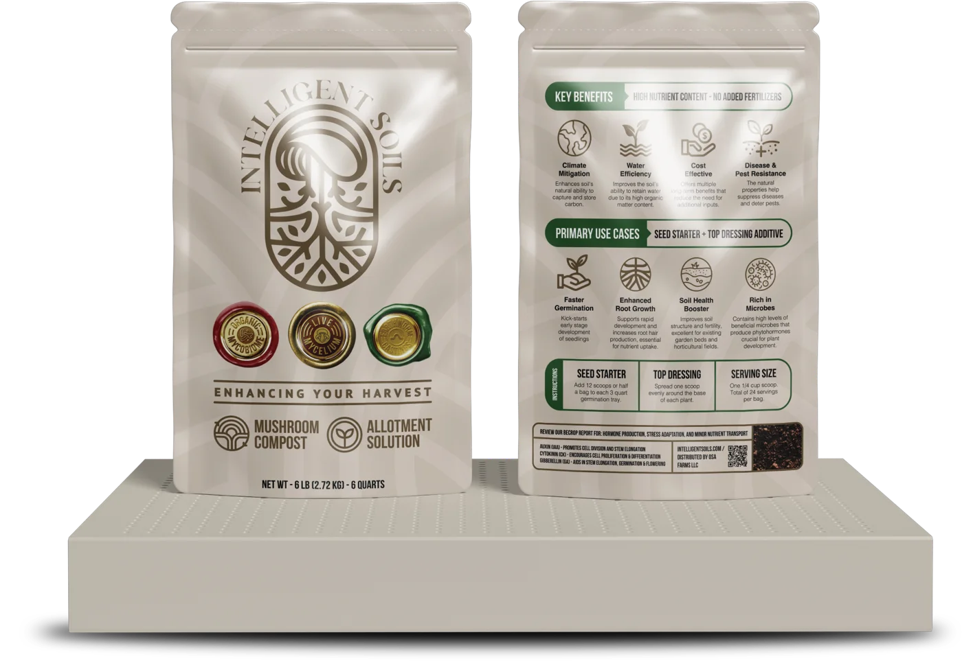 Intelligent Soils premium mushroom compost, front and back of the 6 lb pouch